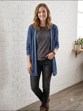 Roxy Women's Blue Pointelle Knit Waterfall Cardigan Sweater Crochet Boho-chic